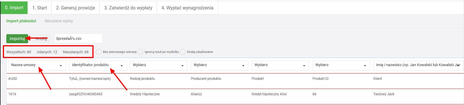 import danych prowizyjnych